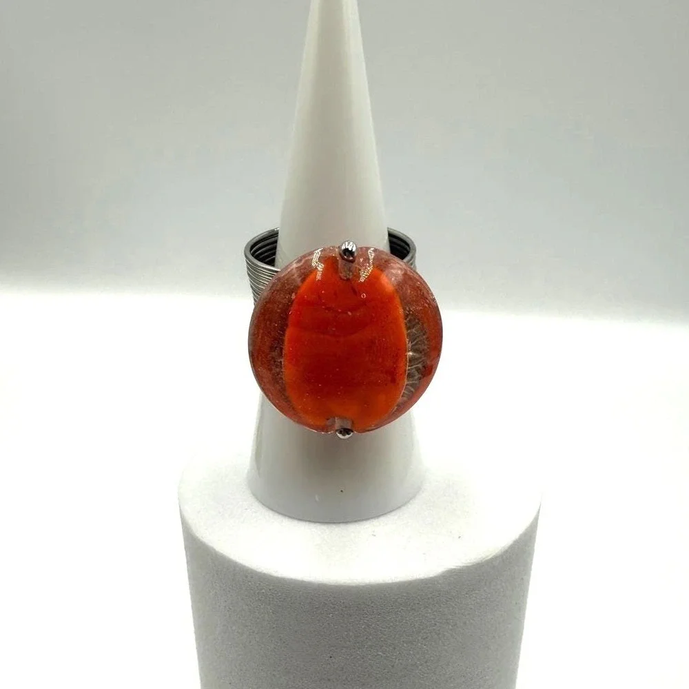 Orange Glass Cabochon Statement Ring Silver Tone‎ Coiled Wire Band Size 9.5